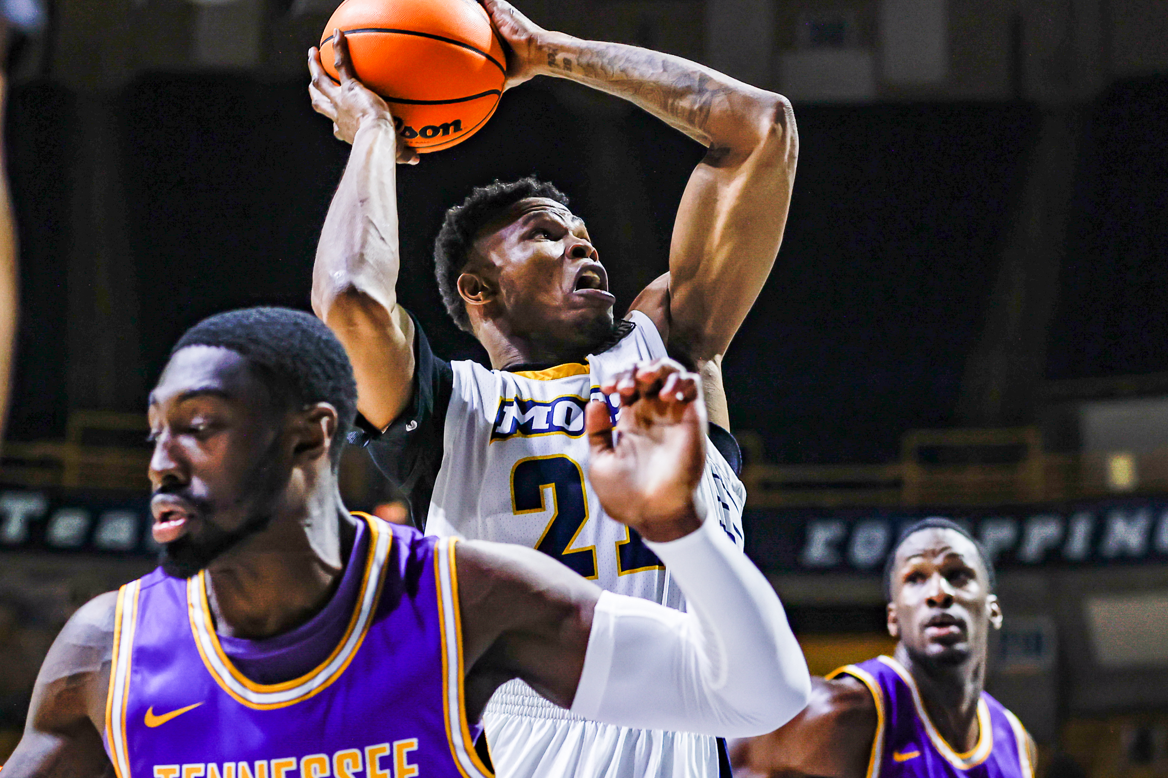 Staff photo by Troy Stolt / Mocs forward Josh Ayeni (22) grabs a rebound during UTC's home basketball game against the Tennessee Tech Golden Eagles at McKenzie Arena on Tuesday, Nov. 16, 2021 in Chattanooga, Tenn.