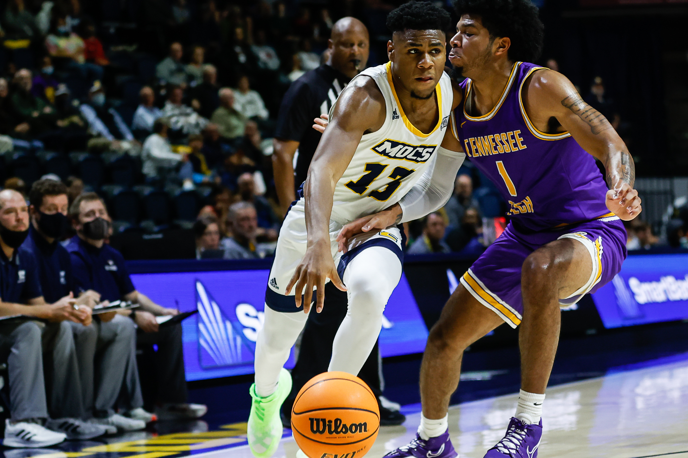 Staff photo by Troy Stolt / Mocs guard Malachi Smith (13) drives to the basket during UTC's home basketball game against the Tennessee Tech Golden Eagles at McKenzie Arena on Tuesday, Nov. 16, 2021 in Chattanooga, Tenn.