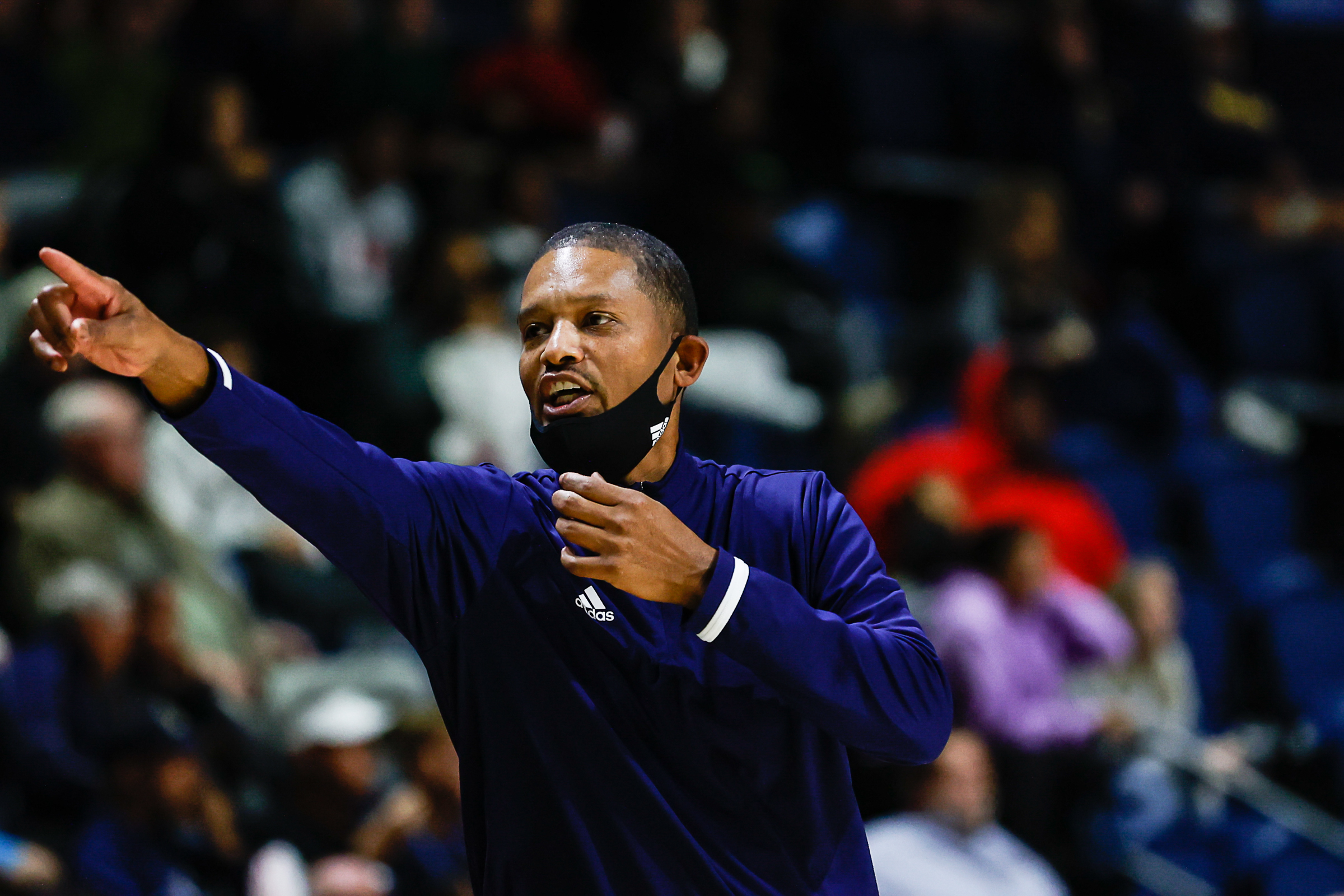 Staff photo by Troy Stolt / Mocs Head Basketball Coach Lamont Paris instructs his team during UTC's home basketball game against the Tennessee Tech Golden Eagles at McKenzie Arena on Tuesday, Nov. 16, 2021 in Chattanooga, Tenn.