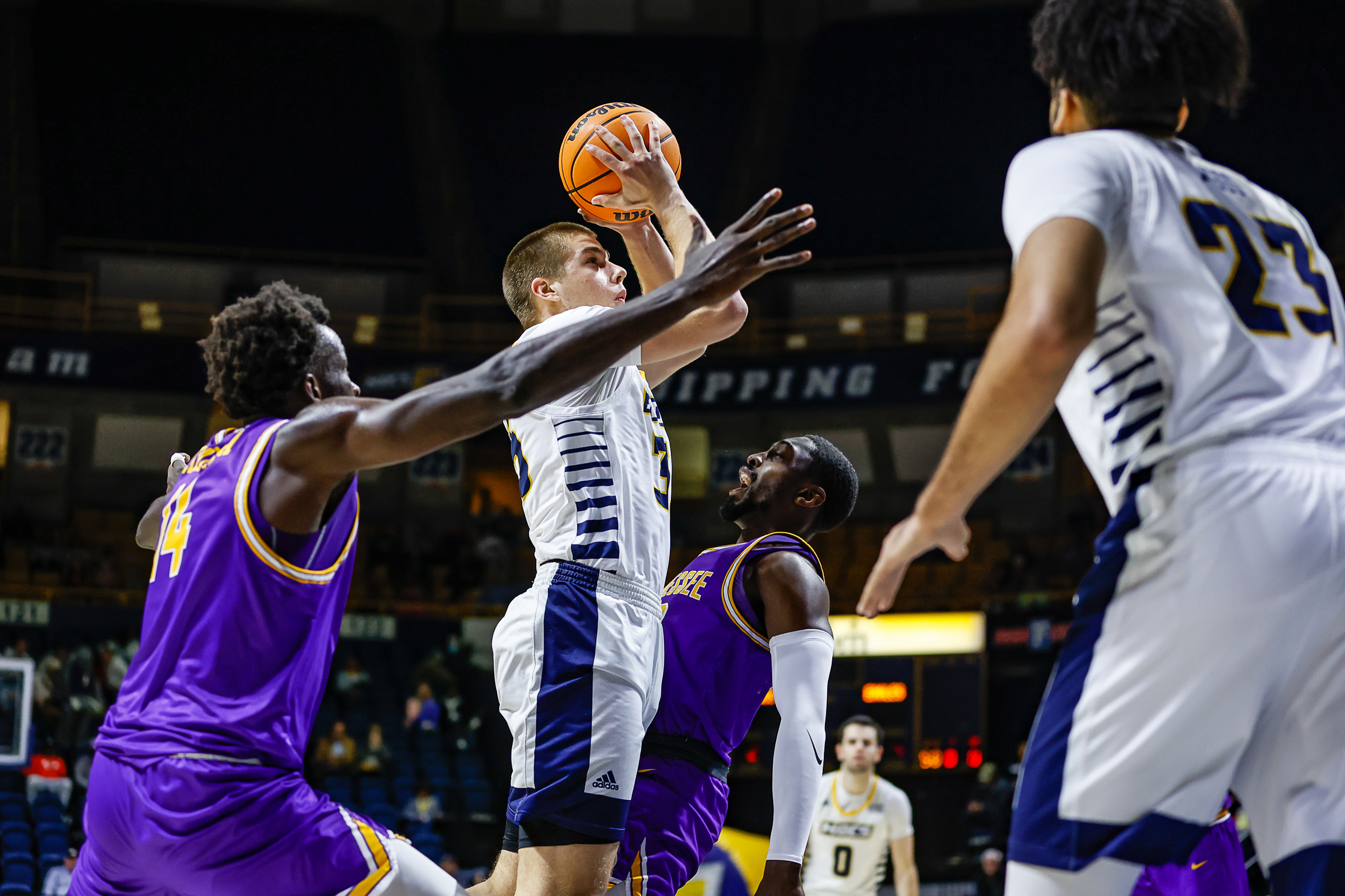 Staff photo by Troy Stolt / Mocs guard Grant Ledford (35) shoots the ball during UTC's home basketball game against the Tennessee Tech Golden Eagles at McKenzie Arena on Tuesday, Nov. 16, 2021 in Chattanooga, Tenn.