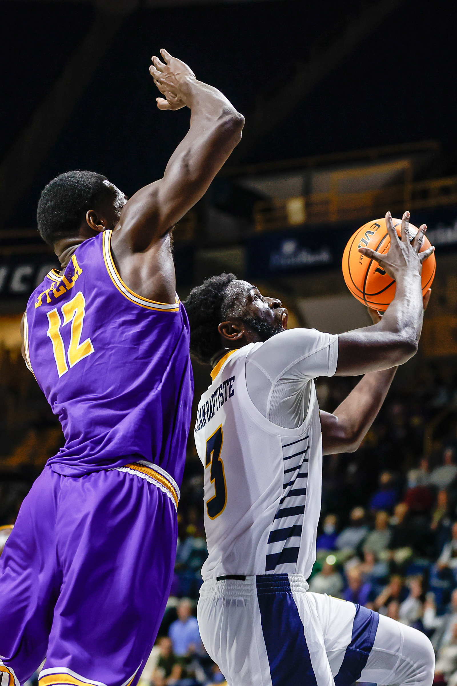 Staff photo by Troy Stolt / Mocs guard David Jean-Baptiste (3) goes for a layup during UTC's home basketball game against the Tennessee Tech Golden Eagles at McKenzie Arena on Tuesday, Nov. 16, 2021 in Chattanooga, Tenn.