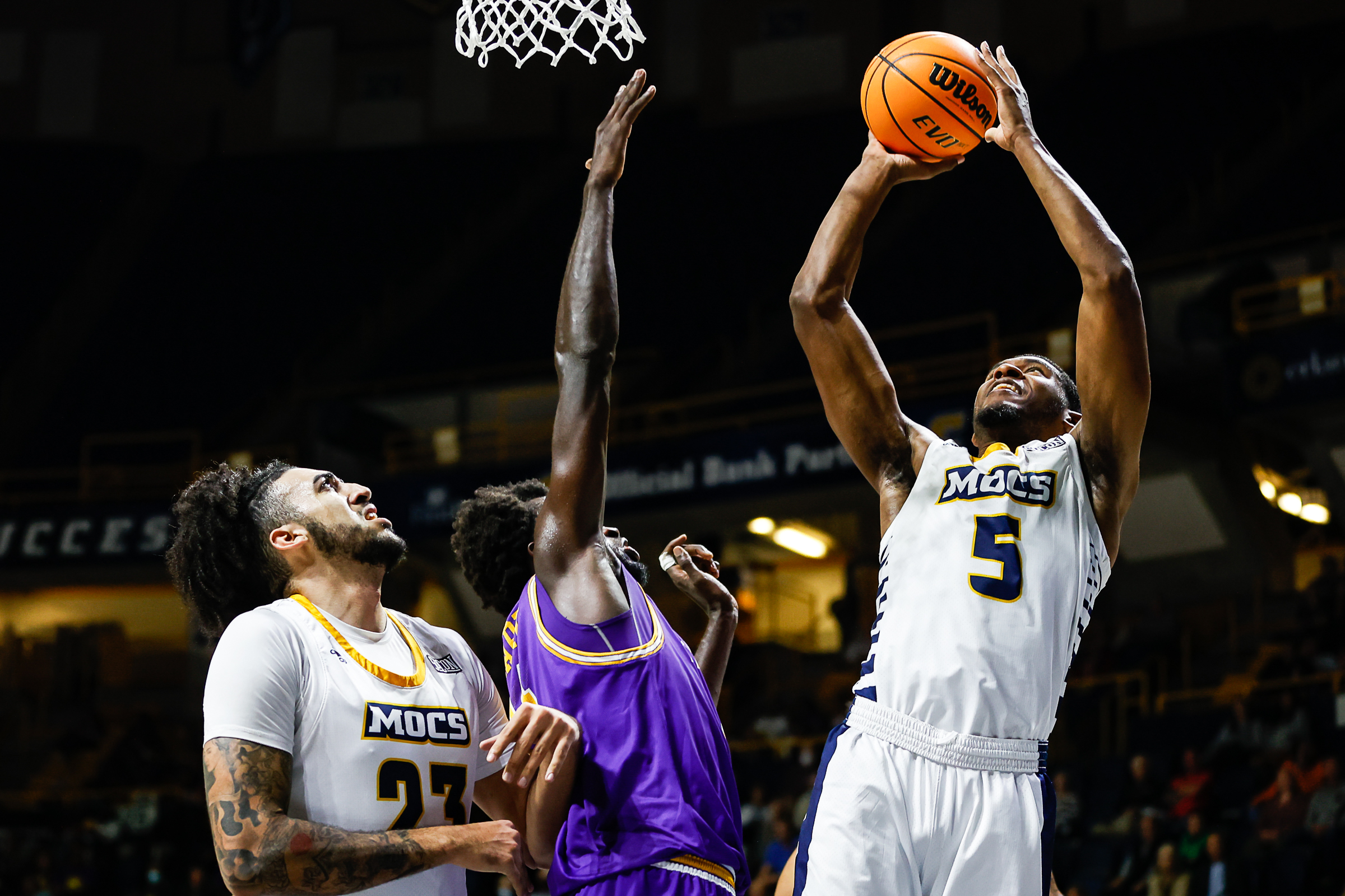Staff photo by Troy Stolt / Mocs forward Darius Banks (5) goes for a layup during UTC's home basketball game against the Tennessee Tech Golden Eagles at McKenzie Arena on Tuesday, Nov. 16, 2021 in Chattanooga, Tenn.