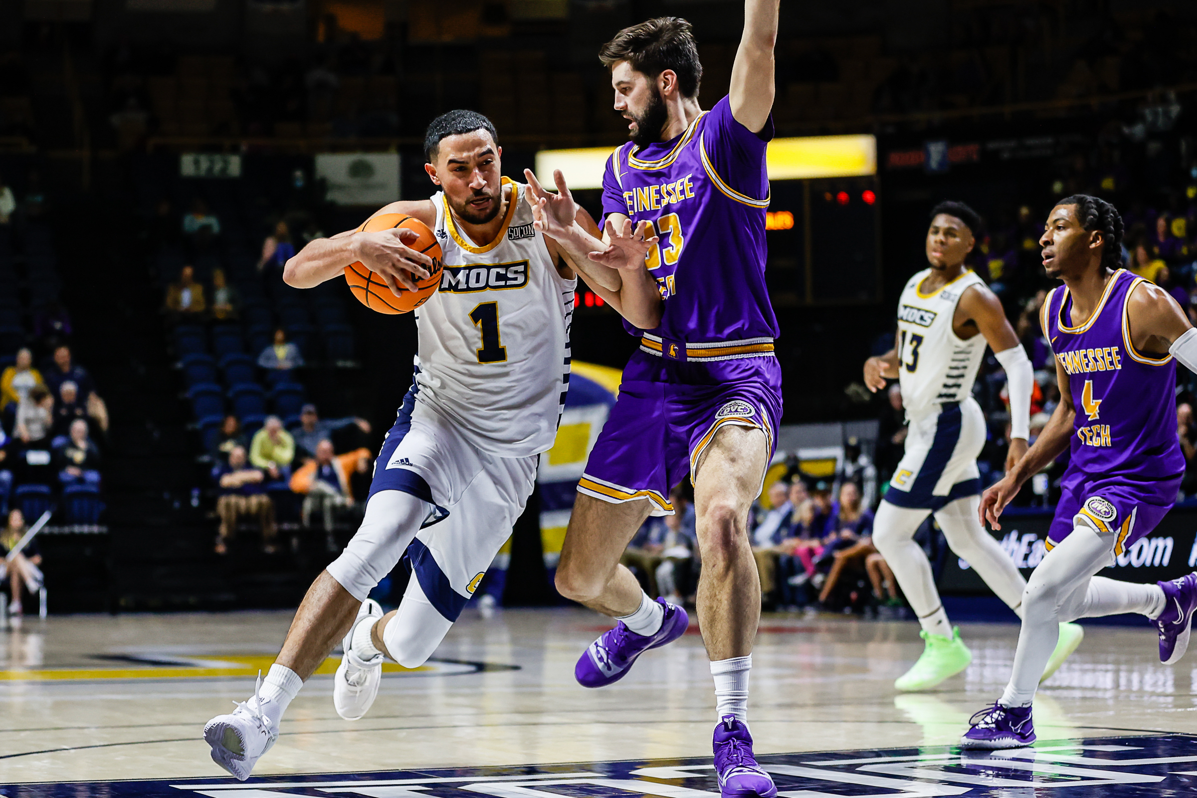 Staff photo by Troy Stolt / Mocs forward KC Hankton (1) drives to the basket during UTC's home basketball game against the Tennessee Tech Golden Eagles at McKenzie Arena on Tuesday, Nov. 16, 2021 in Chattanooga, Tenn.