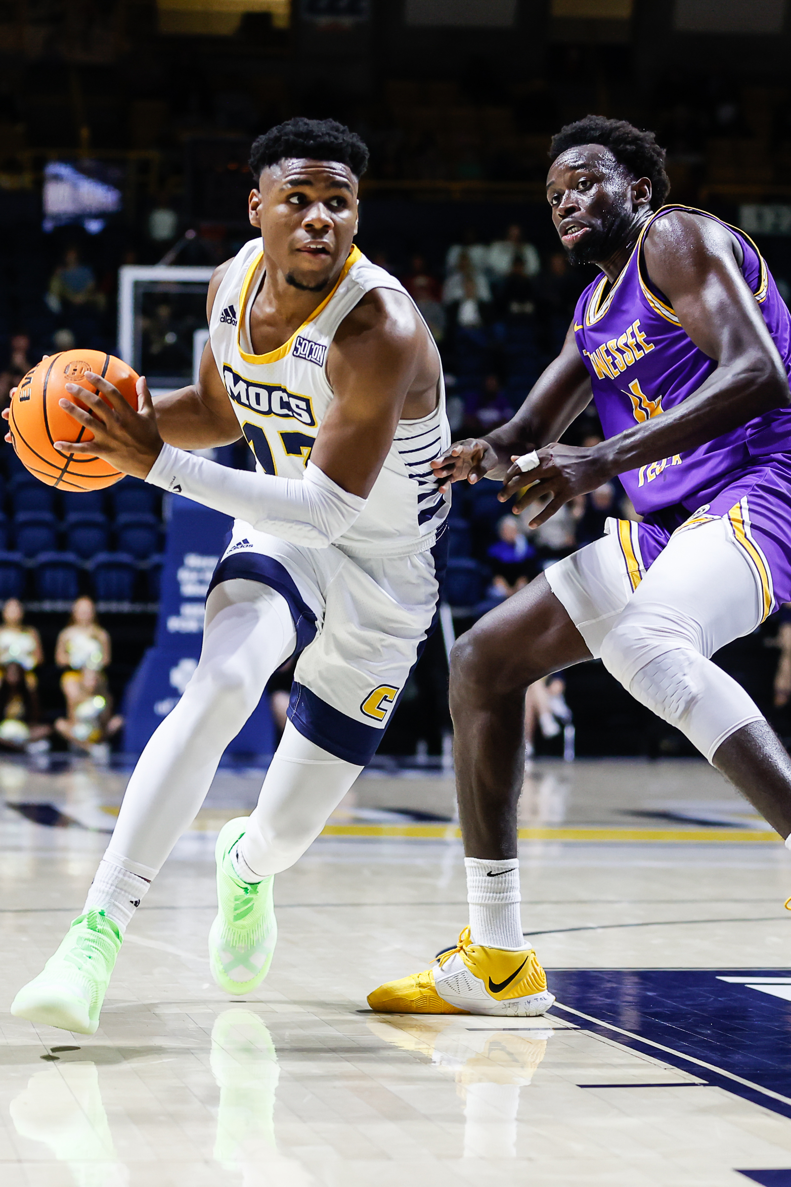 Staff photo by Troy Stolt / Mocs guard Malachi Smith (13) drives to the basket during UTC's home basketball game against the Tennessee Tech Golden Eagles at McKenzie Arena on Tuesday, Nov. 16, 2021 in Chattanooga, Tenn.