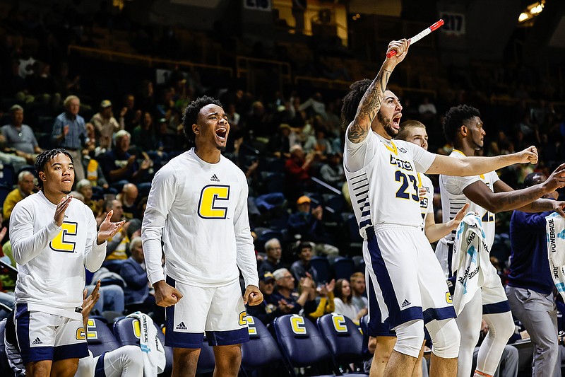 Staff photo by Troy Stolt / the Mocs bench celebrates during UTC's home basketball game against the Tennessee Tech Golden Eagles at McKenzie Arena on Tuesday, Nov. 16, 2021 in Chattanooga, Tenn.
