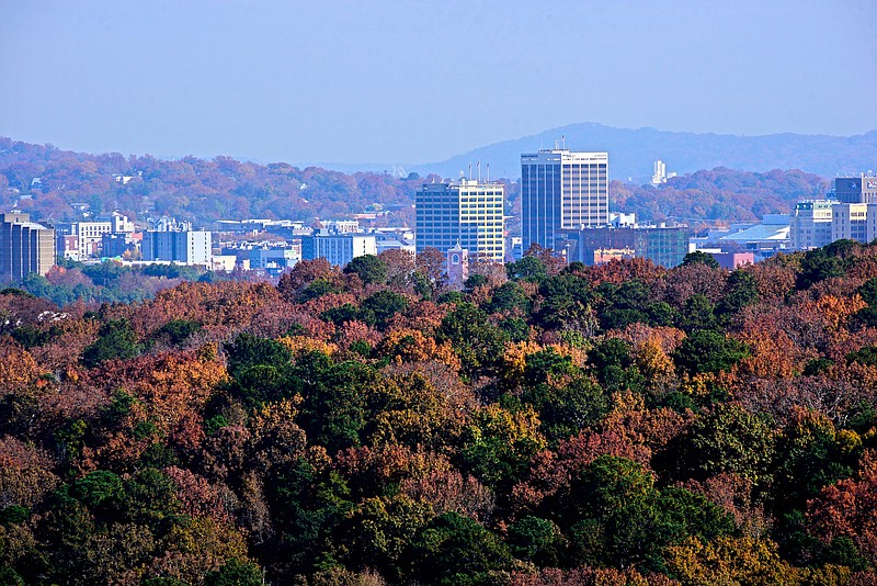 Staff Photo by Robin Rudd / Chattanooga's skyline is seen over the ridge on Moccasin Bend, in this photo made from Lookout Mountain on November 16, 2021.