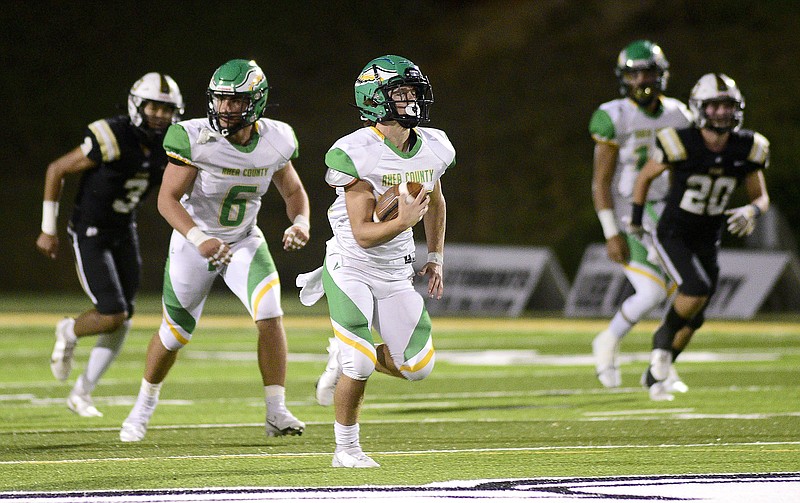 Staff photo by Robin Rudd / Rhea County sophomore Ethan Davis heads toward the end zone for a long touchdown run during the Golden Eagles' 48-42 victory at Bradley Central on Oct. 22 in Cleveland, Tenn. Davis rushed for 275 yards and four scores and also made the winning touchdown catch as he finished with 463 all-purpose yards.