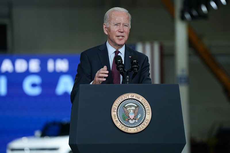 President Joe Biden speaks during a visit to the General Motors Factory ZERO electric vehicle assembly plant, Wednesday, Nov. 17, 2021, in Detroit. (AP Photo/Evan Vucci)


