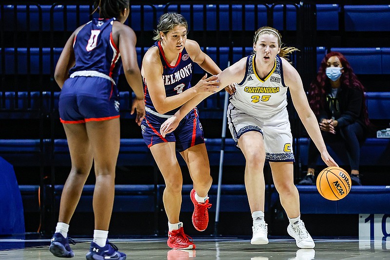 Staff photo by Troy Stolt / UTC forward Abbey Cornelius dribbles downcourt after grabbing a rebound against Belmont on Nov. 9 at McKenzie Arena. On Friday night against Murray State, Cornelius scored a game-high 19 points, but the Mocs lost 78-55.