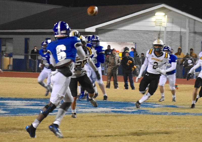 Staff photo by Patrick MacCoon / Red Bank senior wide receiver Reco Trimble (6) catches a 51-yard touchdown pass from Joseph Blackmon in the first half of a TSSAA Class 4A quarterfinal against Upperman on Friday night at Tom Weathers Field.