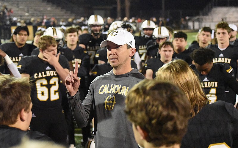 Staff file photo by Matt Hamilton / Calhoun football coach Clay Stephenson's Yellow Jackets beat Ware County 49-42 in dramatic fashion in the second round of the GHSA Class AAAAA playoffs Friday night in Waycross, Ga.