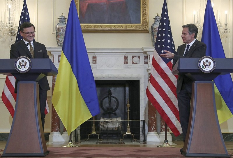 In this Nov. 10, photo, Secretary of State Antony Blinken and Ukraine's Foreign Minister Dmytro Kuleba hold a news conference following the U.S.-Ukraine Strategic Dialogue talks at the State Department in Washington. (Leah Millis/Pool via AP)


