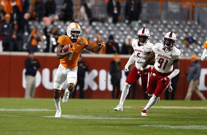 Tennessee Athletics photo / Tennessee sixth-year senior receiver and return specialist Velus Jones Jr. points for some blocking help during Saturday night's 96-yard kickoff return in the 60-14 dismantling of South Alabama.