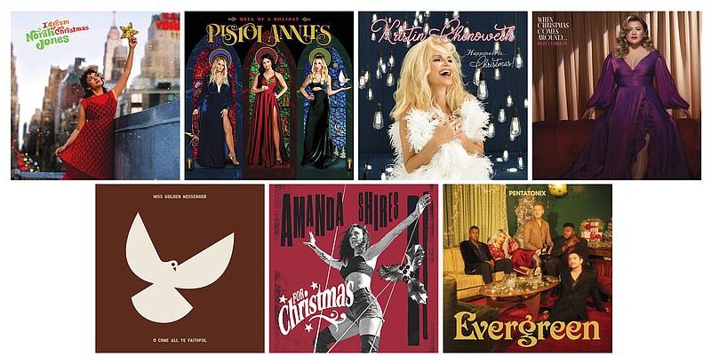This combination of album covers shows, top row from left, "I Dream of Christmas" by Noraj Jones, "Hell of a Holiday" by Pistol Annies, "Happiness Is... Christmas" by Kristin Chenoweth, "When Christmas Comes Around" by Kelly Clarkson, bottom row from left, "O Come All Ye Faithful" by Hiss Golden Messenger, "For Christmas" by Amanda Shires and "Evergreen" by Pentatonix. (Blue Note/Sony Music Nashville/Concord/Atlantic/Merge/Thirty Tigers/RCA via AP)