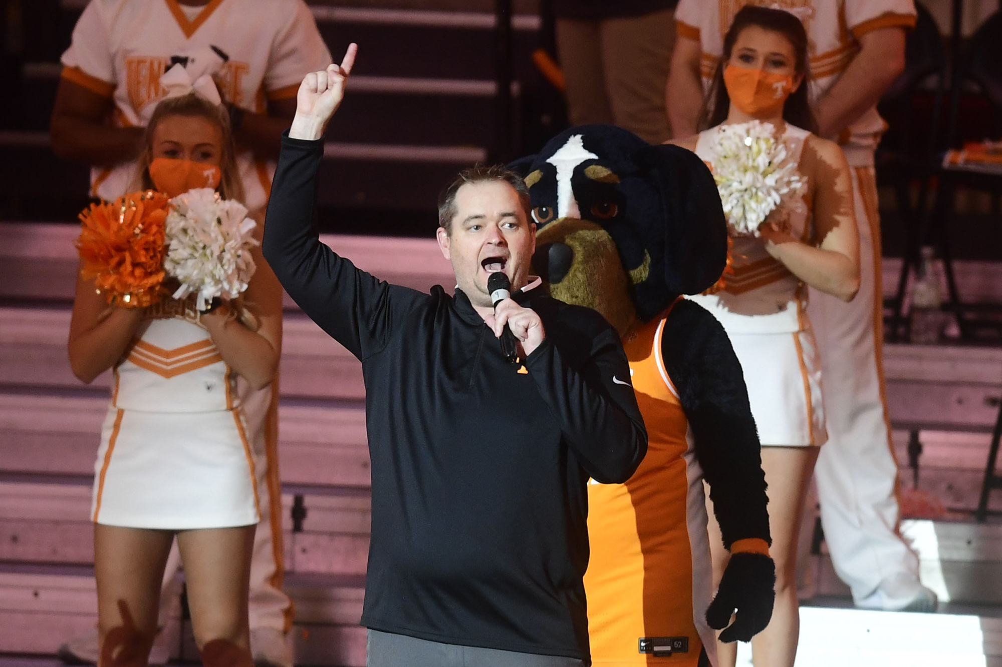 Knoxville News Sentinel photo by Caitie McMekin via AP / Tennessee football Josh Heupel addresses the crowd during the Vols' basketball game against Kansas on Jan. 30 in Knoxville.