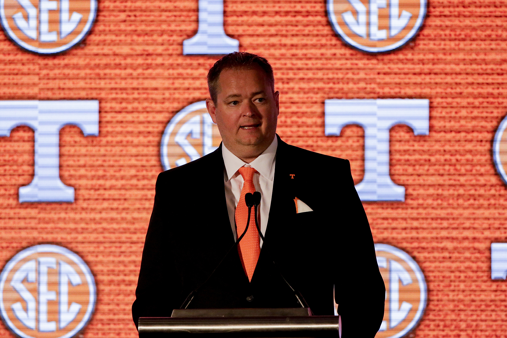 AP photo by Butch Dill / Tennessee football coach Josh Heupel speaks to reporters during SEC Media Days on July 20 in Hoover, Ala.