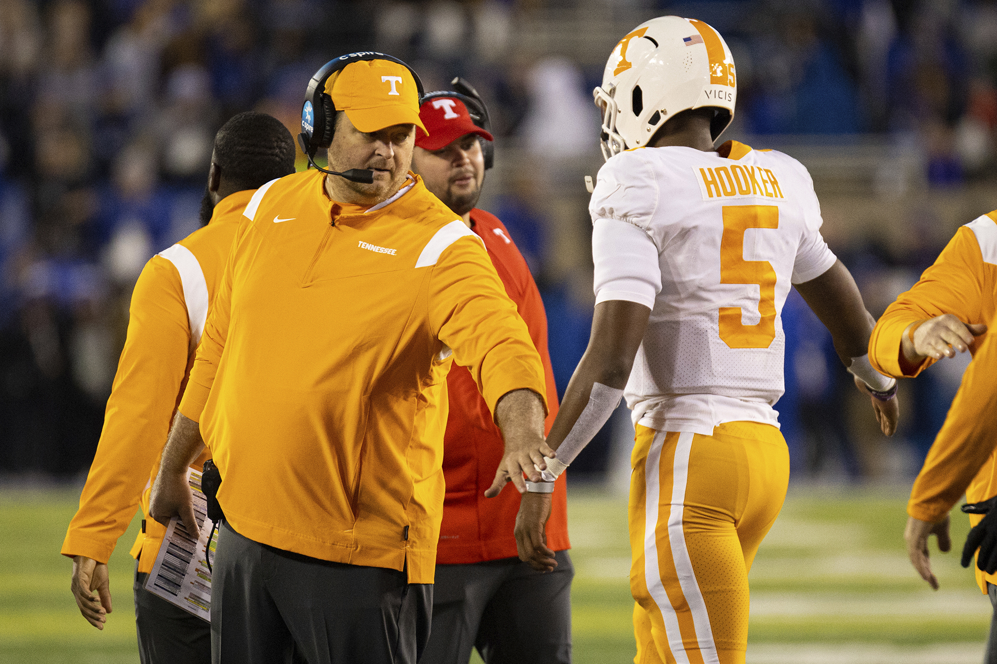 AP photo by Michael Chubb / Tennessee football coach Josh Heupel greets quarterback Hendon Hooker as he comes off the field during the Vols' SEC game against border rival Kentucky on Nov. 6 in Lexington.