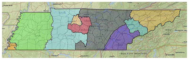 Maps courtesy of the Tennessee Democratic Party / This map shows how Tennessee Democrats have proposed to redraw the state's district boundaries.