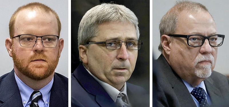 This photo combo shows, from left, Travis McMichael, William "Roddie" Bryan, and Gregory McMichael during their trial at at the Glynn County Courthouse in Brunswick, Ga. Jurors on Wednesday, Nov. 24, 2021 convicted the three white men charged in the death of Ahmaud Arbery, the Black man who was chased and fatally shot while running through their neighborhood in an attack that became part of the larger national reckoning on racial injustice. (Pool, file)


