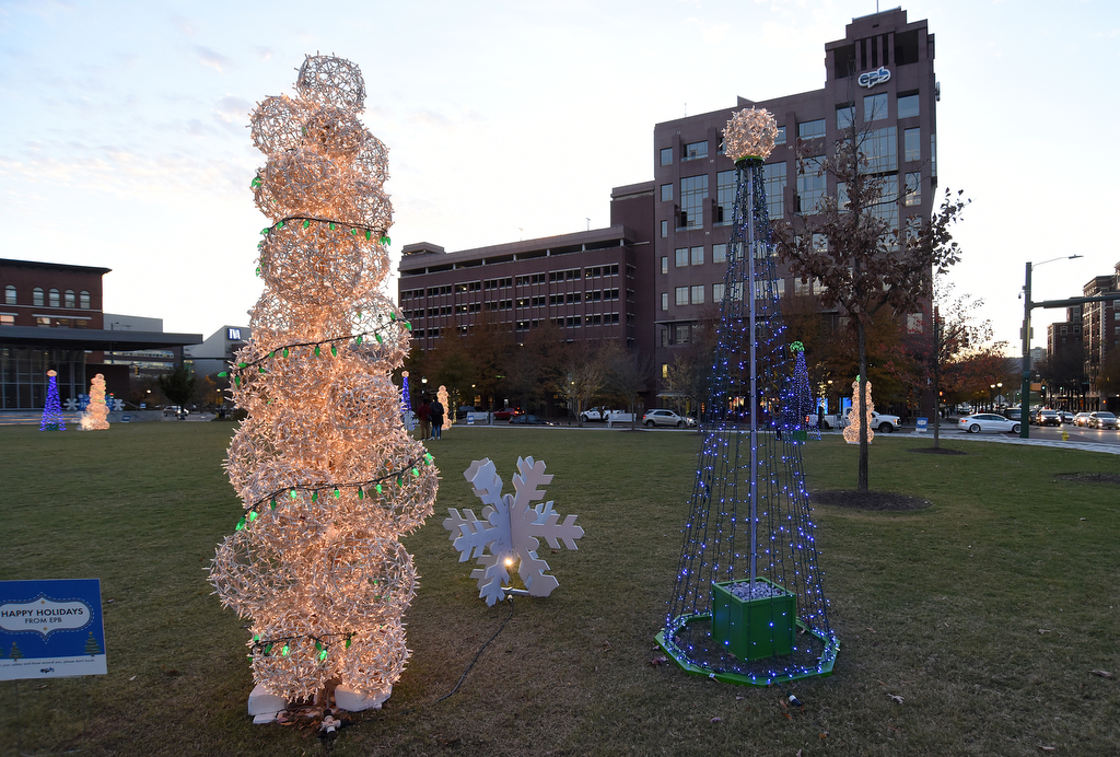 Staff Photo by Matt Hamilton / The lights in Miller Park across from EPB headquarters on Wednesday, November 24, 2021.