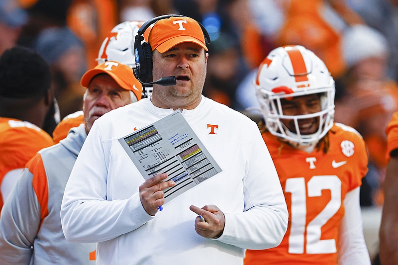 AP photo by Wade Payne / Tennessee football coach Josh Heupel watches during the first half of Saturday's regular-season finale against Vanderbilt in Knoxville.