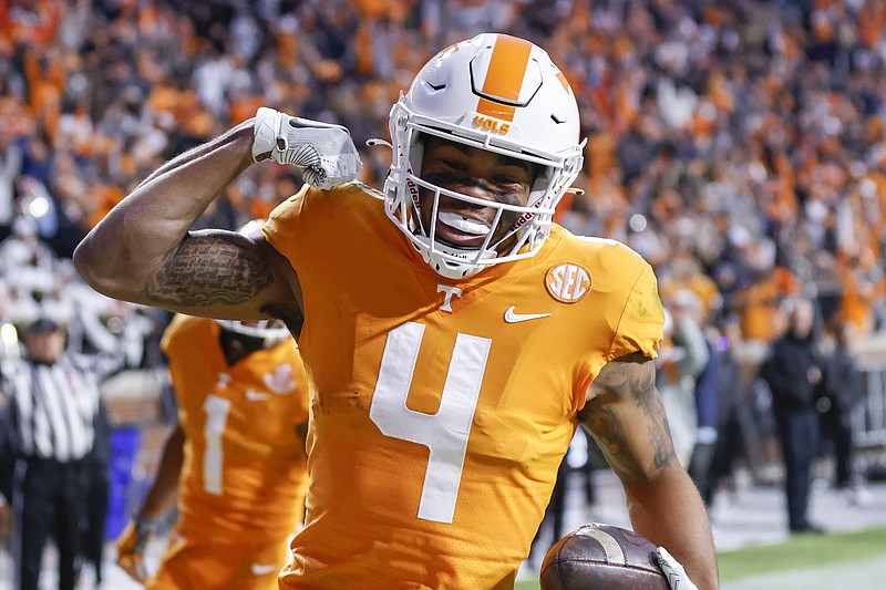 AP photo by Wade Payne / Tennessee wide receiver Cedric Tillman celebrates after scoring a touchdown during the first half of Saturday's home win against Vanderbilt. The Vols completed the regular season 7-5 overall and 4-4 in SEC play a year after going 3-7 with an all-league schedule.