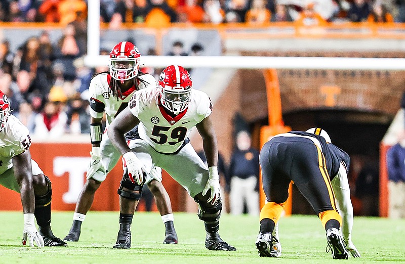 Georgia photo by Tony Walsh / Georgia redshirt freshman Broderick Jones, a five-star member of the 2020 signing class, has started four consecutive games at left tackle in the absence of injured Jamaree Salyer.