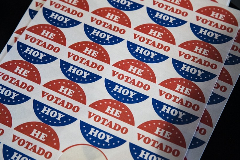 FILE - Shown in the Spanish language are "He Votado Hoy" stickers or I voted today at a polling place in Philadelphia, May 21, 2019. This month's elections may have offered a preview of the Spanish-language misinformation that could pose a growing threat to Democrats, who are already anxious about their standing with Latino voters after losing some ground with them last year. (AP Photo/Matt Rourke, File)