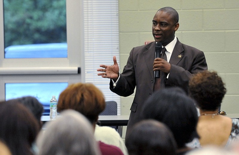 In this photo taken Aug. 16, 2012, former Clayton County Sheriff Victor Hill speaks at candidate forum in Rex, Ga. (Kent D. Johnson/Atlanta Journal Constitution via AP)


