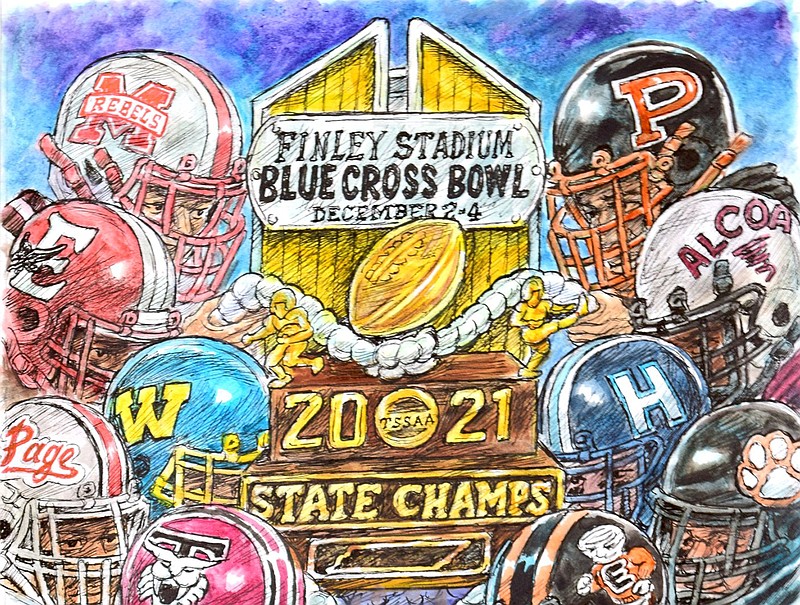 Staff drawing by Mark Wiedmer / The BlueCross Bowl brings nine TSSAA football state championship games to Chattanooga's Finley Stadium this week, with three each day from Thursday to Saturday.
