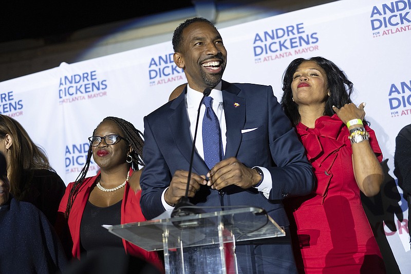 Atlanta mayoral runoff candidate Andre Dickens gives his victory speech Tuesday, Nov. 30, 2021, in Atlanta. Dickens, a city council member, won the runoff, riding a surge of support that powered him past the council's current president, Felicia Moore, after finishing second to her in November. (AP Photo/Ben Gray)