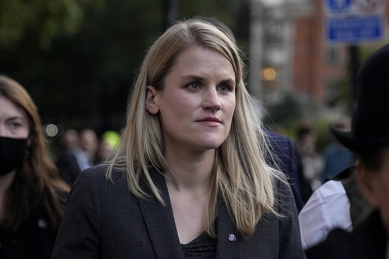 FILE - Facebook whistleblower Frances Haugen leaves after giving evidence to the joint committee for the Draft Online Safety Bill, as part of British government plans for social media regulation, at the Houses of Parliament, in London, Monday, Oct. 25, 2021. After Haugen revealed Facebook's failings to curb online hate and extremism and protect young users from harmful content, U.S. lawmakers are putting forward proposals to curb social media giants by limiting their free-speech protections against legal liability. (AP Photo/Matt Dunham, File)