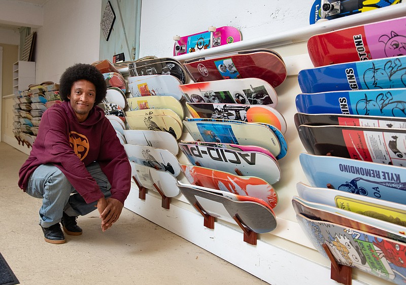 Photo by Mark Gilliland / Herbert Brown is shown inside The Comfort Skateshop on Nov. 29, 2021. Brown is the city's first pro skateboarder.