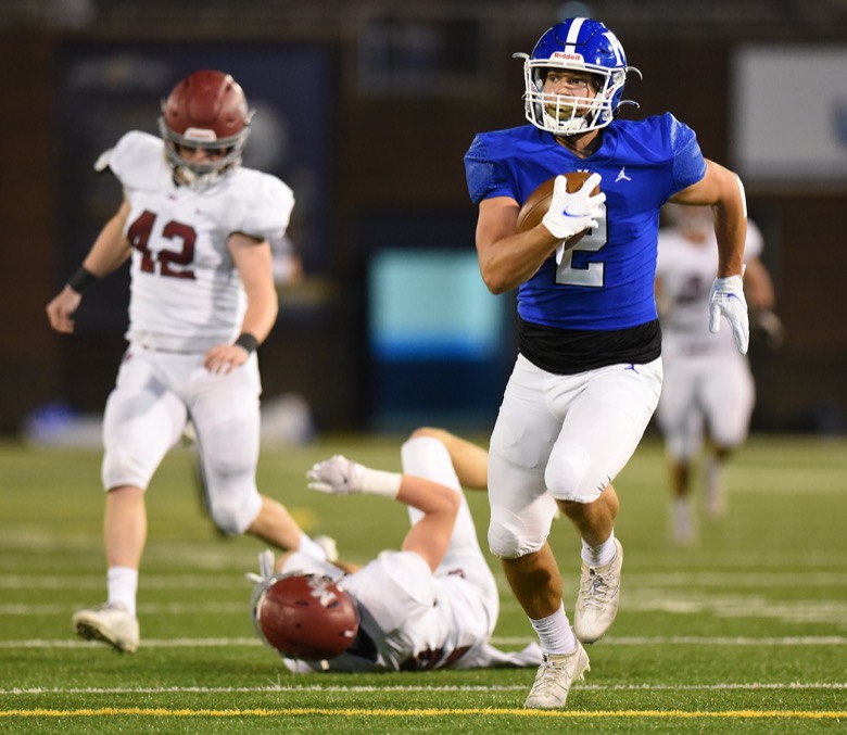 Staff Photo by Matt Hamilton / McCallie School (2) Xavier Gaillardetz carries the ball after a catch on his way to a touchdown on Thursday, December 2, 2021 at Finley Stadium. McCallie School played Montgomery Bell Academy in the Division II Class AAA State Football Playoffs on Thursday.