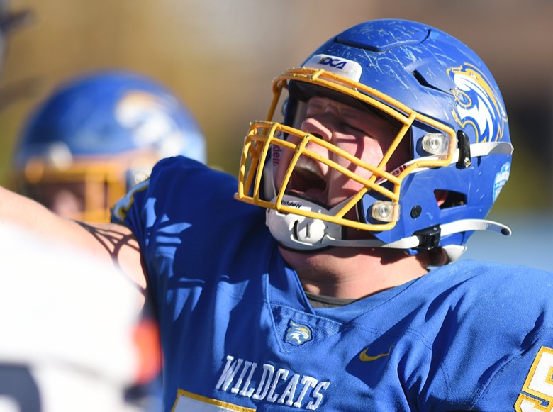 Staff Photo by Matt Hamilton / Donelson Christian Academy (54) Aidan Francis celebrates after a touchdown on Thursday, December 2, 2021 at Finley Stadium. Nashville Christian School and Donelson Christian Academy played in the Division II Class A state championship game Thursday.