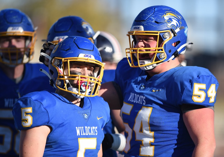 Staff Photo by Matt Hamilton / Donelson Christian Academy (54) Aidan Francis celebrates with (5) Ashton Jones after a touchdown on Thursday, December 2, 2021 at Finley Stadium. Nashville Christian School and Donelson Christian Academy played in the Division II Class A state championship game Thursday.