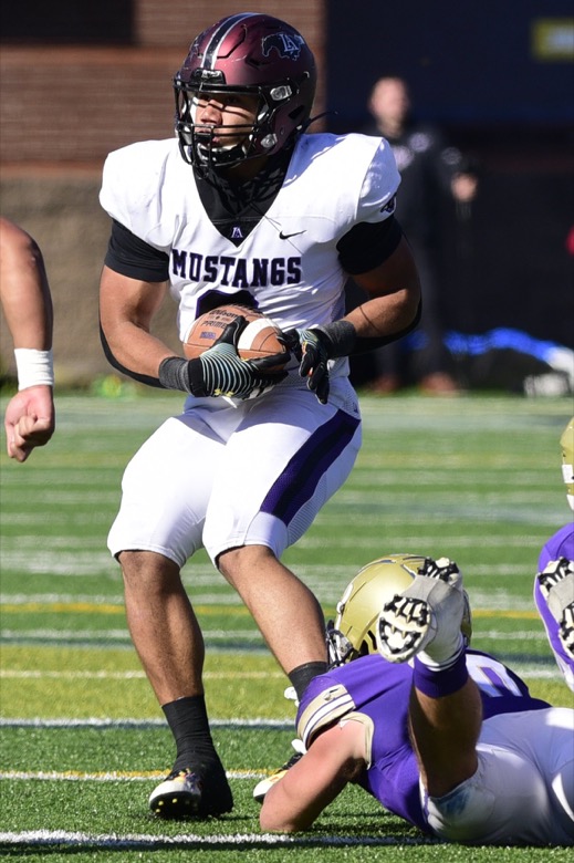 Staff Photo by Robin Rudd / Lipscomb's Ayden Houston (6) runs after recovering a CPA fumble. The Lipscomb Academy Mustangs defeated the Christ Presbyterian Academy Lions 27 to 0 to win the TSSAA Division II Class AA state football championship in the BlueCross Bowl held at Finley Stadium.