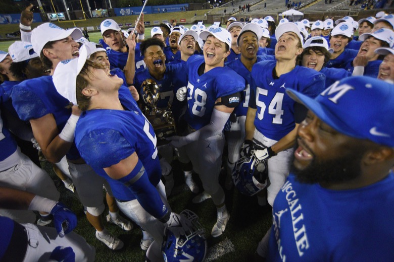 Staff Photo by Matt Hamilton / McCallie School players celebrate after winning the state championship on Thursday, December 2, 2021 at Finley Stadium. McCallie School played Montgomery Bell Academy in the Division II Class AAA State Football Playoffs on Thursday.