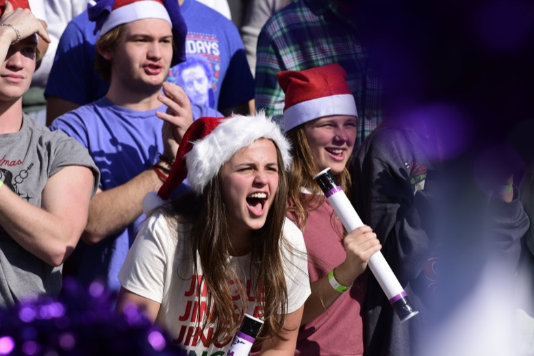 Staff Photo by Robin Rudd / The Lipscomb student section cheers on the Mustangs. The Lipscomb Academy Mustangs defeated the Christ Presbyterian Academy Lions 27 to 0 to win the TSSAA Division II Class AA state football championship in the BlueCross Bowl held at Finley Stadium.