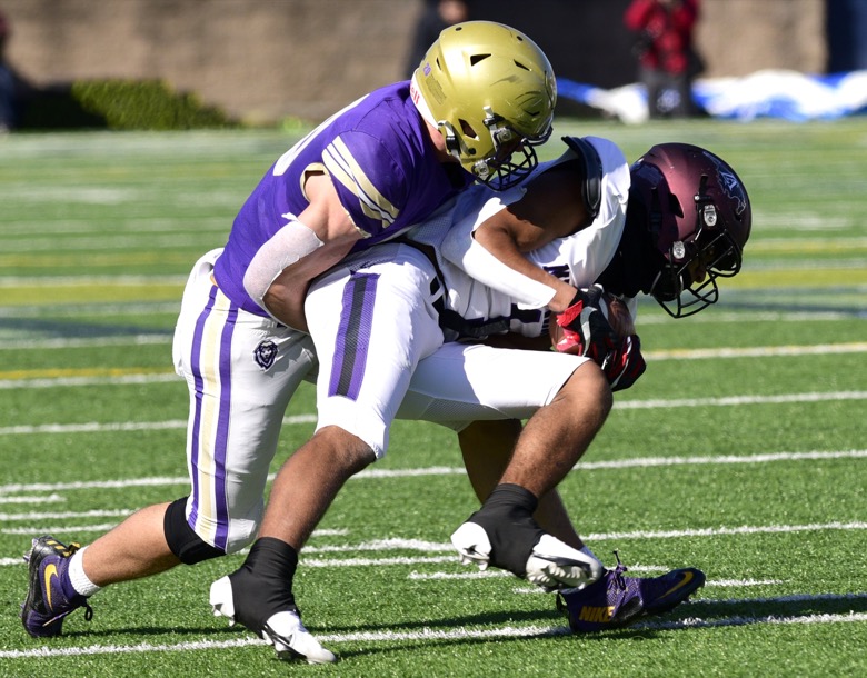 Staff Photo by Robin Rudd / Lipscomb's Kaleb Beasley (1) intercepts a Lions pass to stop a drive. The Lipscomb Academy Mustangs defeated the Christ Presbyterian Academy Lions 27 to 0 to win the TSSAA Division II Class AA state football championship in the BlueCross Bowl held at Finley Stadium.