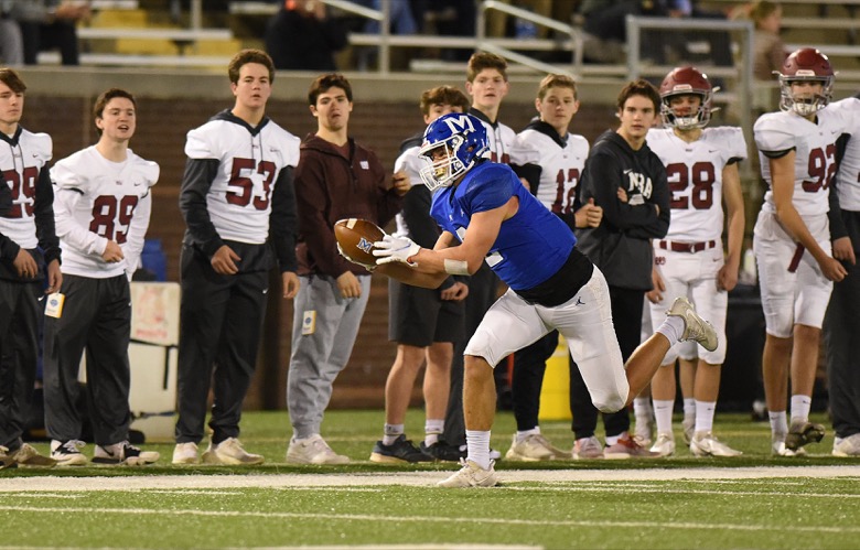 Staff Photo by Matt Hamilton / McCallie School (2) Xavier Gaillardetz catches a pass in front of the Montgomery Bell Academy bench on Thursday, December 2, 2021 at Finley Stadium. McCallie School played Montgomery Bell Academy in the Division II Class AAA State Football Playoffs on Thursday.