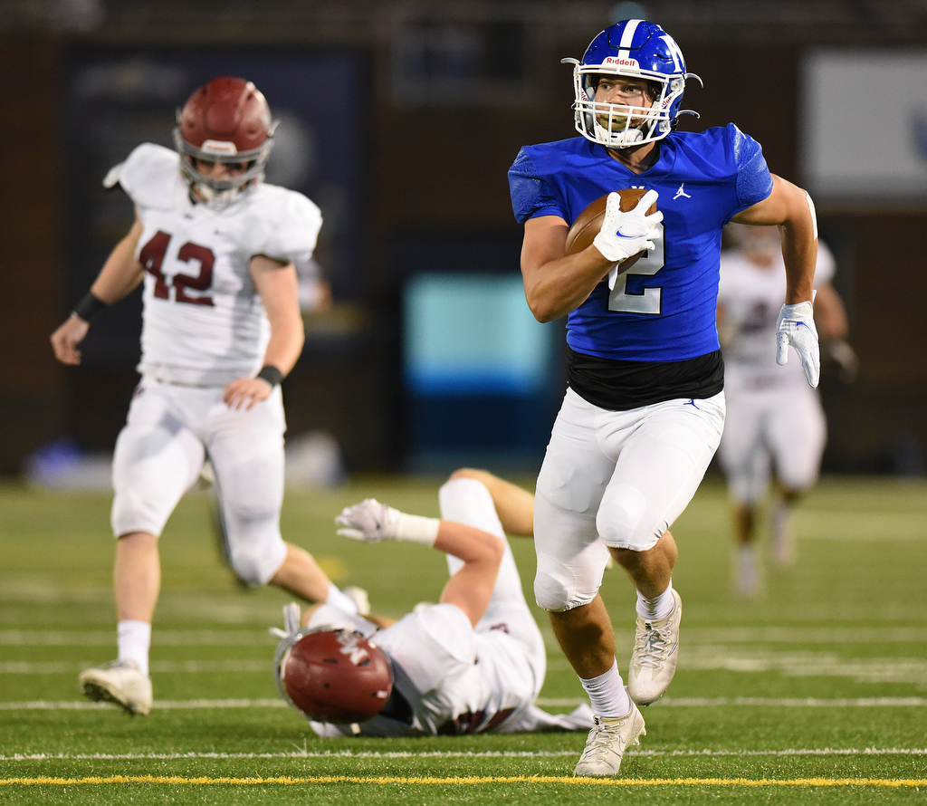 Staff photo by Matt Hamilton / McCallie receiver Xavier Gaillardetz heads toward the end zone for a touchdown against MBA during the TSSAA Division II-AAA BlueCross Bowl on Thursday night at Finley Stadium.