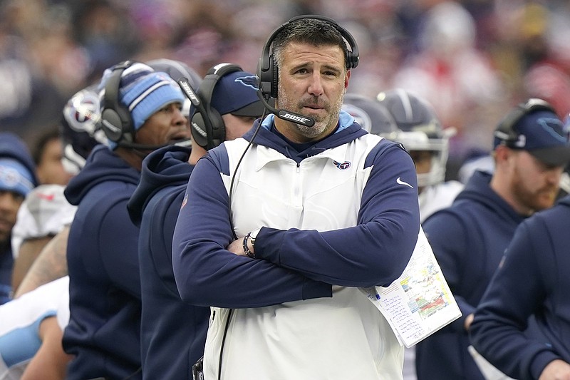 AP photo by Steven Senne / Tennessee Titans coach Mike Vrabel watches during the first half of last Sunday's 36-13 loss to the New England Patriots in Foxborough, Mass. The Titans are 8-4 with their open date this week, but the loss to the Patriots was their second straight defeat after a five-game winning streak that had positioned them as the front-runners for the top playoff seed in the AFC.