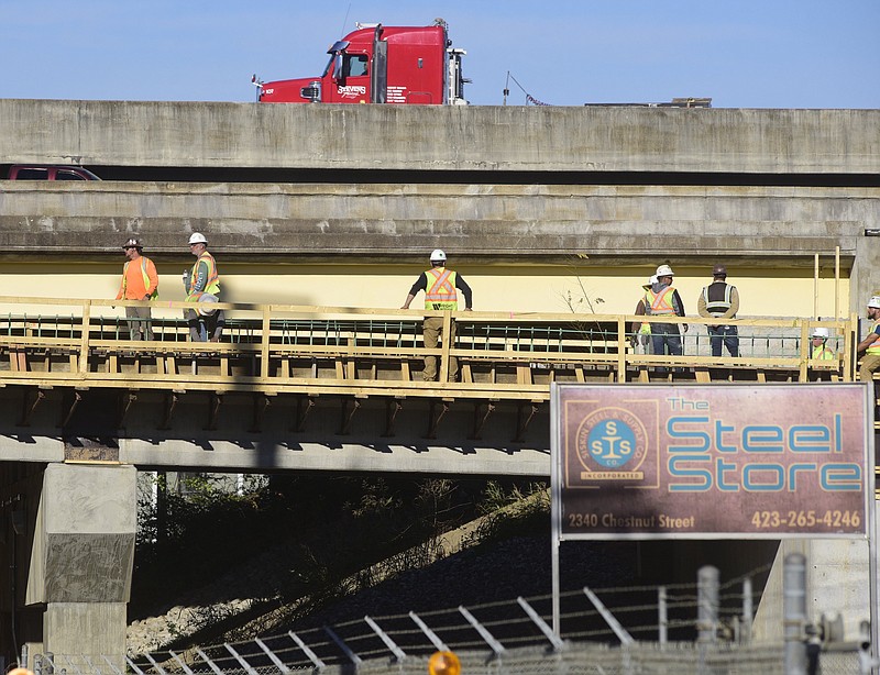 Staff Photo by Robin Rudd / A new ramp is taking shape alongside Interstate 24 where crews are working on the Tennessee Department of Transportation's $32 million improvement project at the South Broad interchange.