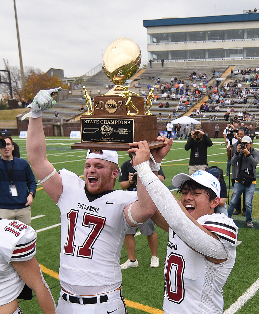 Staff Photo by Matt Hamilton / Tullahoma High (17) Brody Melton and (40) Brandon Painter celebrate after their win on Saturday, December 4, 2021 at Finley Stadium during the Class 4A championship game. Tullahoma High defeated Elizabethton 21-14 in double overtime.