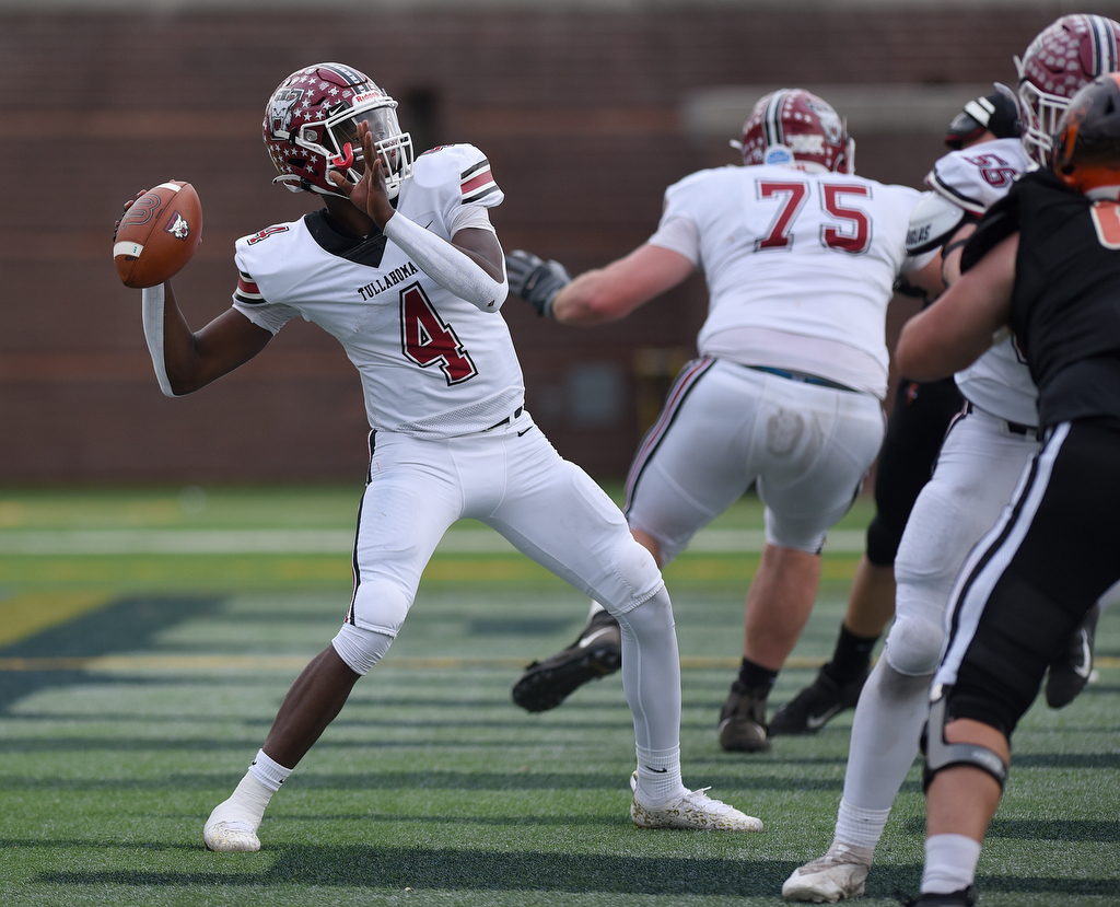 Staff Photo by Matt Hamilton / Tullahoma High (4) Ryan Scott fires a pass from his own end zone on Saturday, December 4, 2021 at Finley Stadium during the Class 4A championship game. Tullahoma High defeated Elizabethton 21-14 in double overtime.