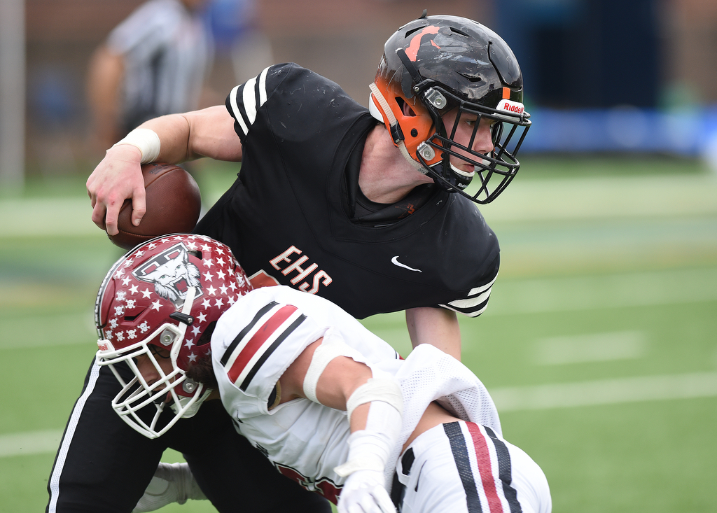 Staff Photo by Matt Hamilton / Tullahoma High (6) Owen Stroop hits Elizabethton High (5) Cade Russell after making a catch on Saturday, December 4, 2021 at Finley Stadium during the Class 4A championship game. Tullahoma High defeated Elizabethton 21-14 in double overtime.