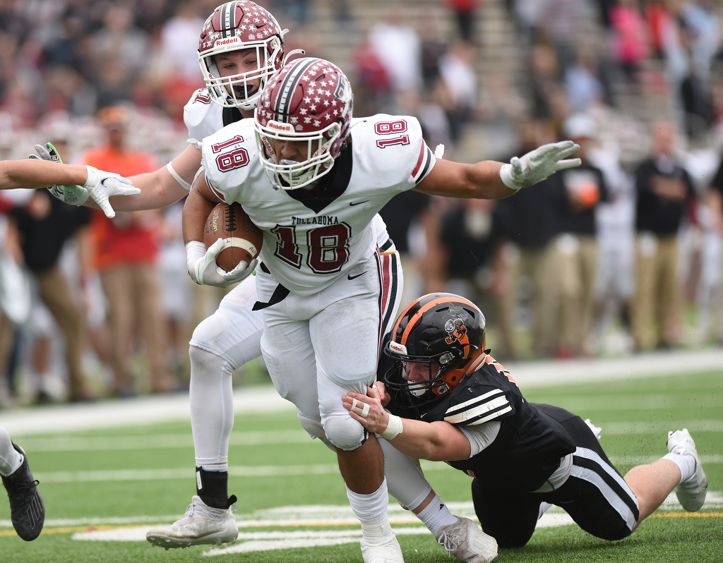 Staff Photo by Matt Hamilton / Tullahoma High (18) Keishawn Cummings dives forward for extra yards on Saturday, December 4, 2021 at Finley Stadium during the Class 4A championship game. Tullahoma High defeated Elizabethton 21-14 in double overtime.