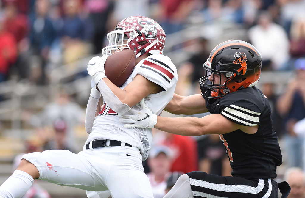 Staff Photo by Matt Hamilton / Tullahoma High (11) Krys Uselton intercepts a pass intended for Elizabethton High (17) Jake Roberts during overtime on Saturday, December 4, 2021 at Finley Stadium during the Class 4A championship game. The interception ended the game as Tullahoma High defeated Elizabethton 21-14 in double overtime.