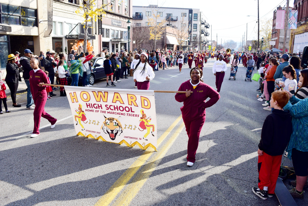 Staff Photo by Robin Rudd / The Howard High School Marching Tiger Band took part in the parade. The 15th annual MAINx24 EPB Southside Parade and street festival took place on December 4, 2021.